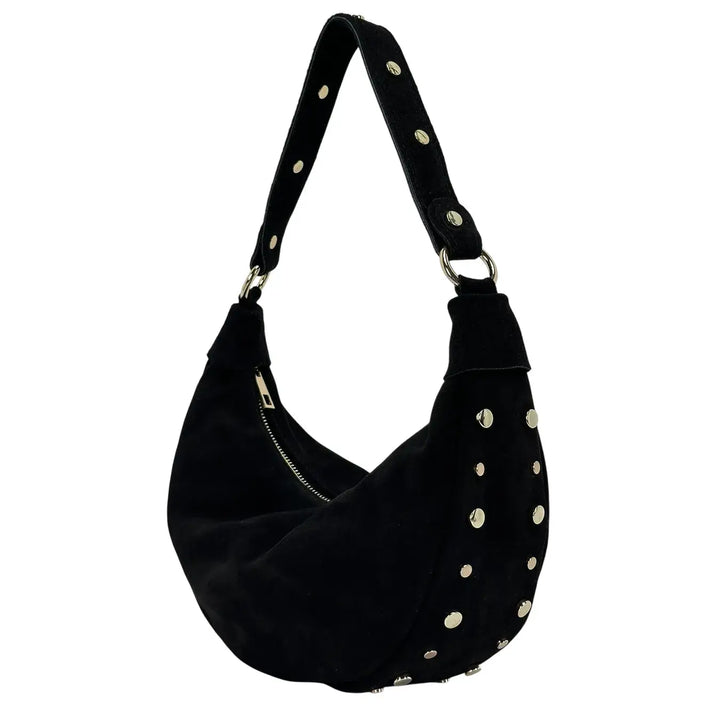 Bassini Borsa Donna Mezza Luna in Pelle Scamosciata con Borchie Oro e Tracolla Intercambiabile Nero