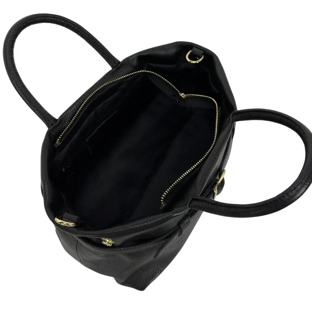 Bassini Borsa Donna in Pelle Nera con Manici Tracolla Rimovibile e Dettaglio Fibbia Oro