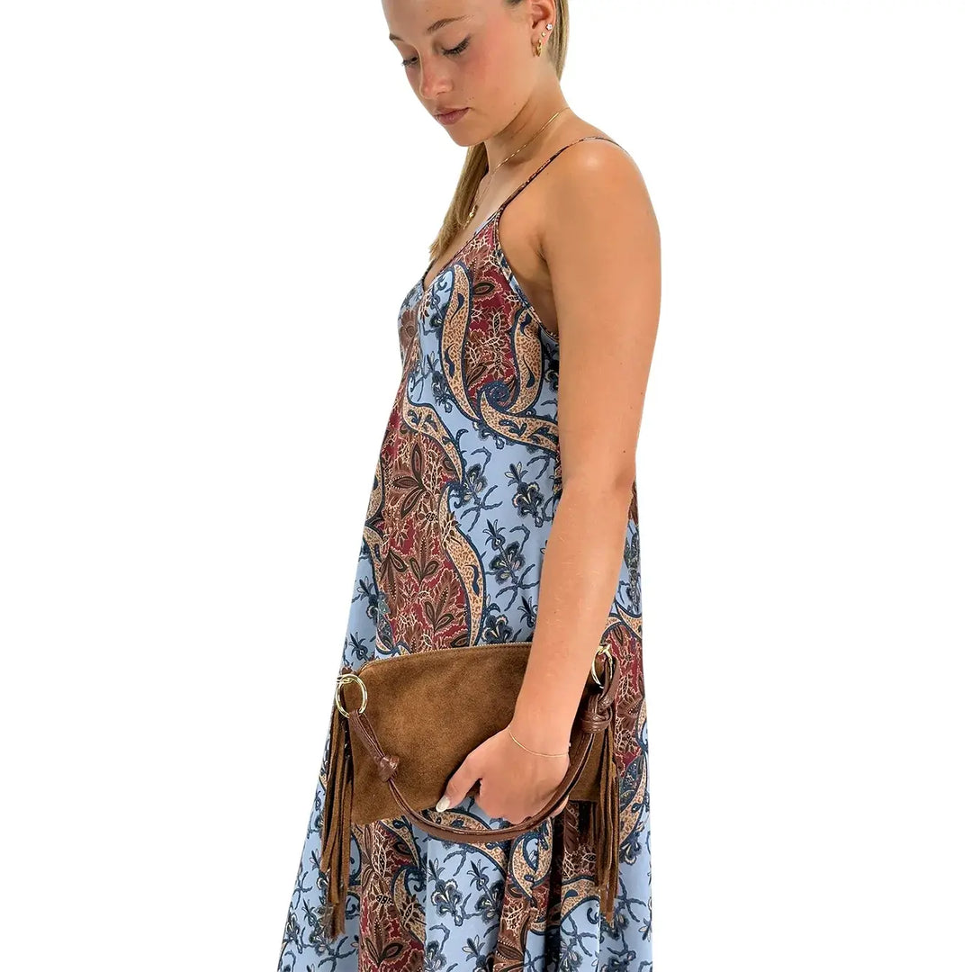 Bassini Women's Celestial Blue Long Slip Dress with Damask Print and Straps