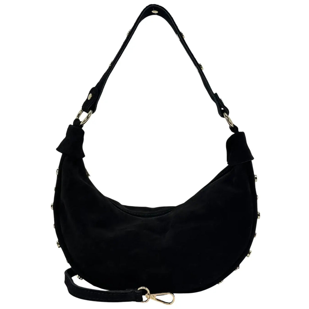 Bassini Borsa Donna Mezza Luna in Pelle Scamosciata con Borchie Oro e Tracolla Intercambiabile Nero