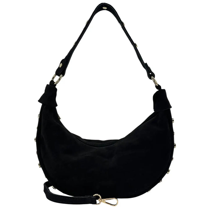 Bassini Borsa Donna Mezza Luna in Pelle Scamosciata con Borchie Oro e Tracolla Intercambiabile Nero
