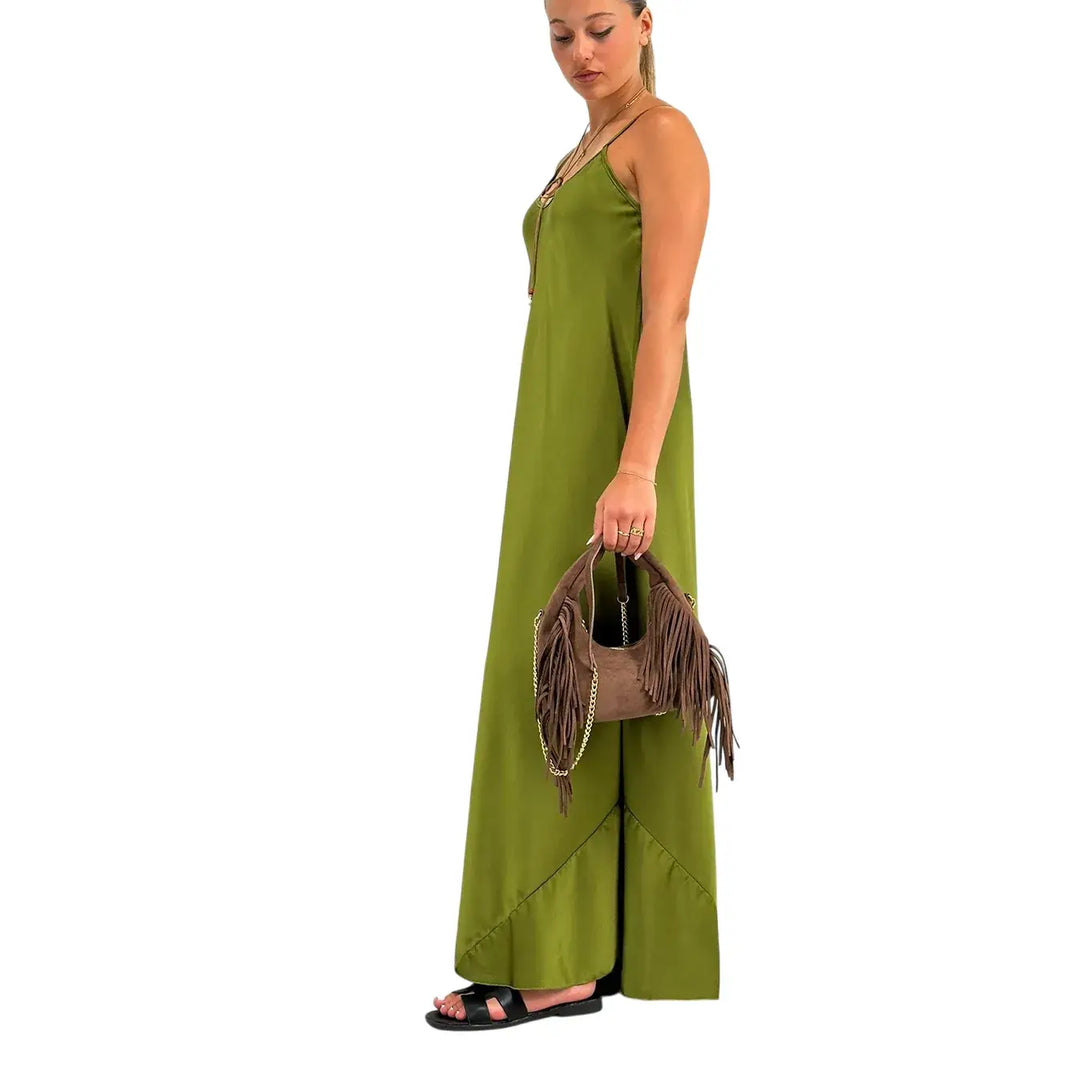 Bassini Abito Donna Verde Acido Modello Sottoveste con Spallini e Collana Piuma Inclusa