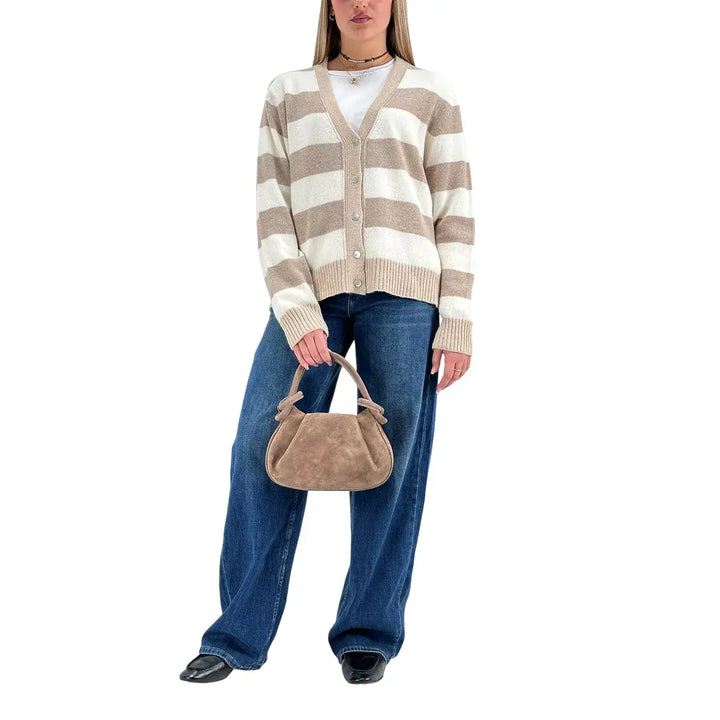 Bassini Cardigan Donna Beige Latte e Cipria a Righe con Cinque Bottoni e Coste Cammello