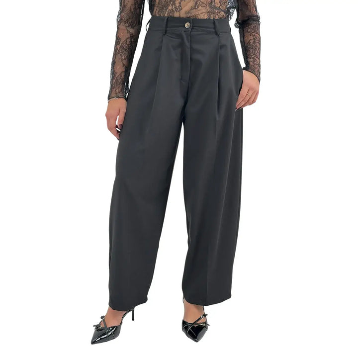 Bassini Pantaloni Donna Neri Sartoriali a Gamba Larga con Doppia Pince e Tasche a Filo