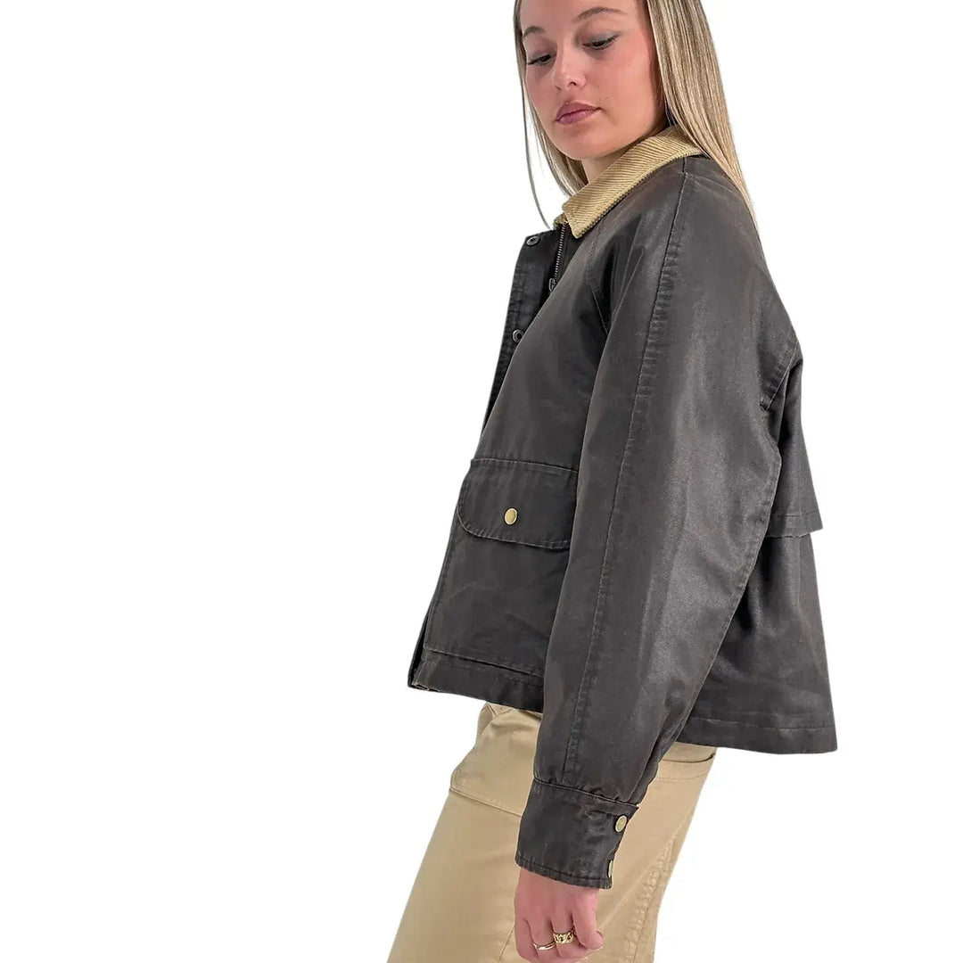 Bassini Giacca Donna Marrone Effetto Cerato Crop con Collo in Velluto Beige e Imbottitura
