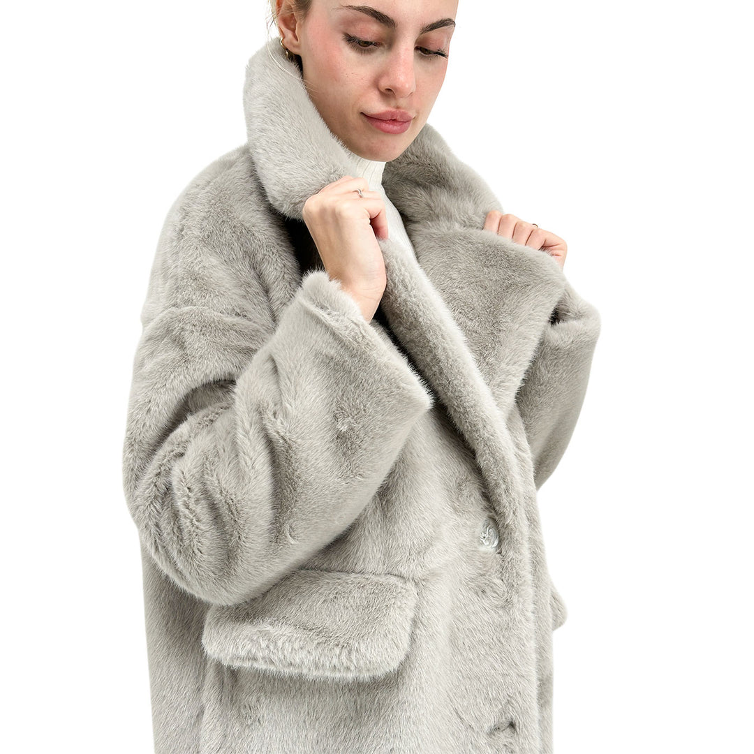 Bassini Cappotto Faux Mink Fur Donna, Pelliccia Sintetica, Grigio