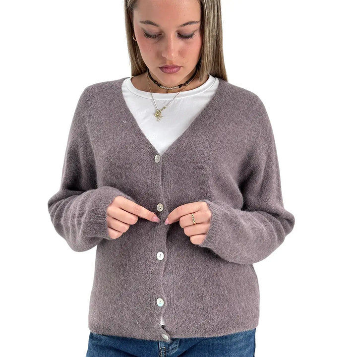 Bassini Cardigan Donna Marrone Naturale Oversize con Cinque Bottoni e Maniche Raglan