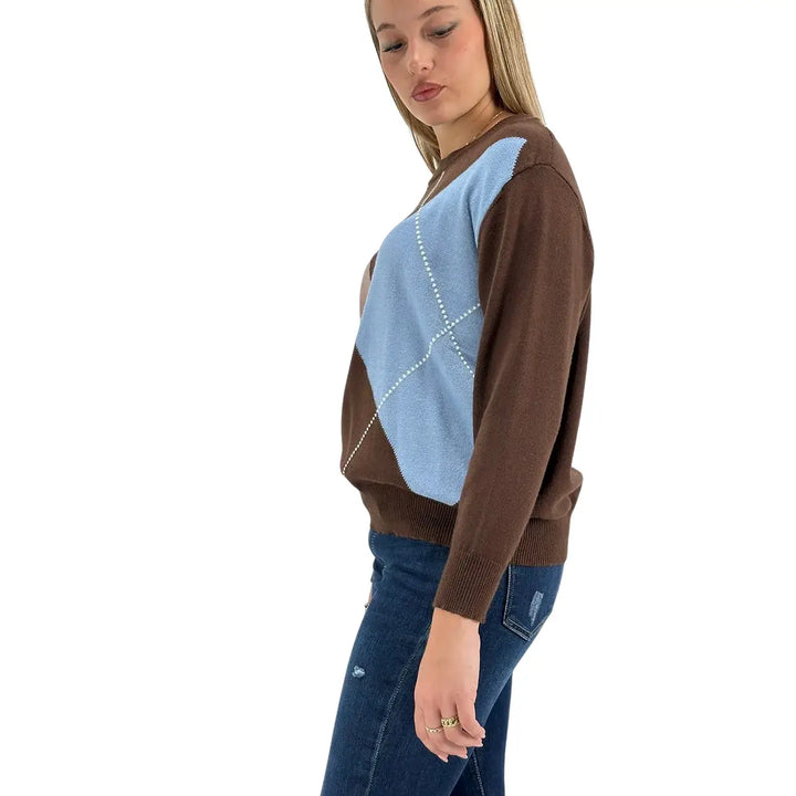 Bassini Maglia Donna Cioccolato a Rombi Celeste e Cammello con Girocollo e Maniche Lunghe