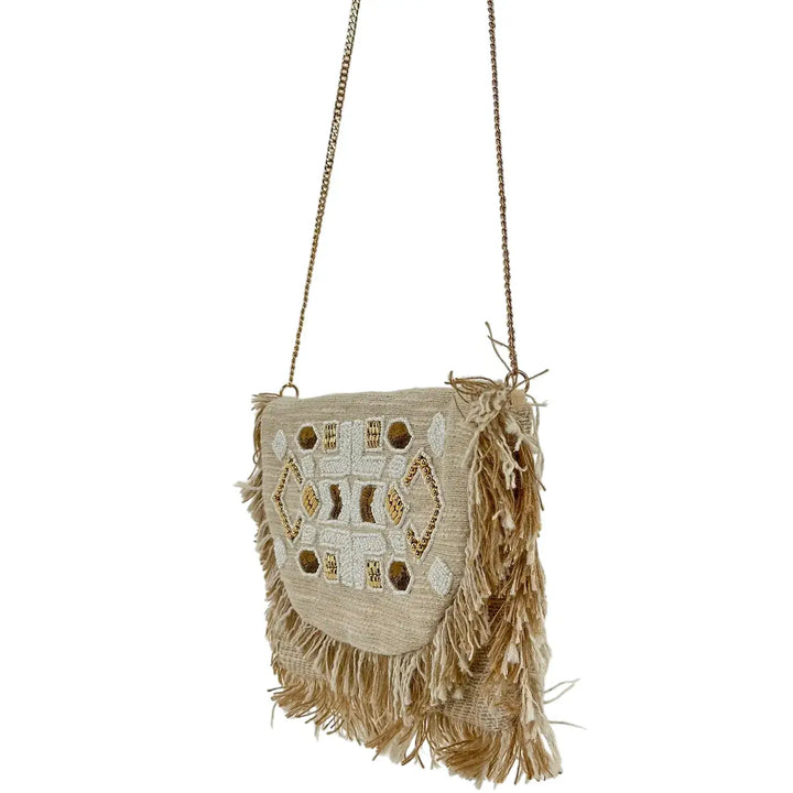 Bassini Borsa Donna Pochette in Cordura Beige con Perline Perla Patta Sfrangiata e Tracolla Oro