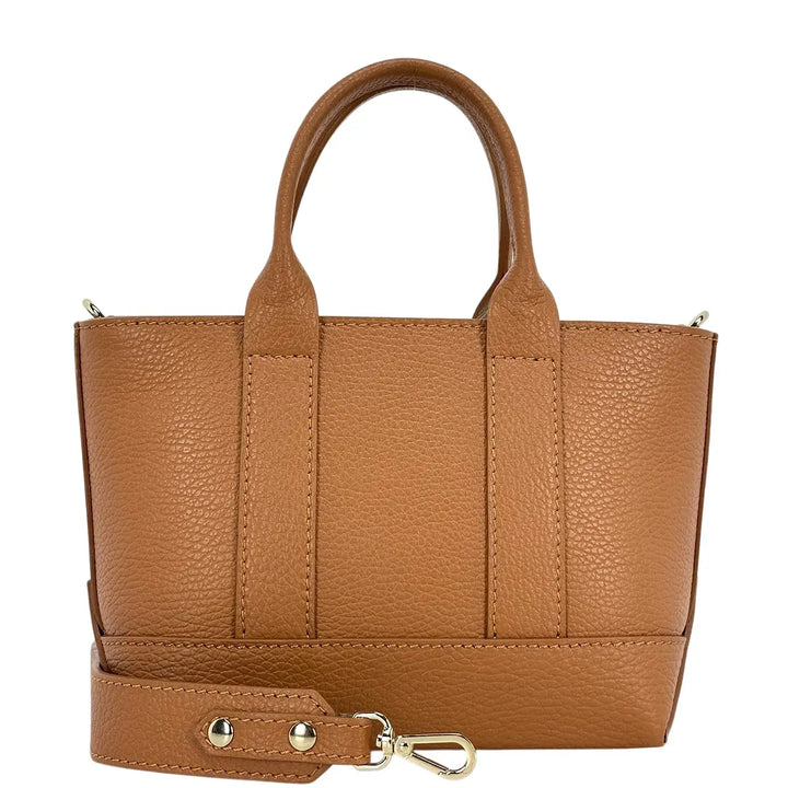 Bassini Borsa Donna Mini in Pelle Cognac con Due Manici e Tracolla Intercambiabile