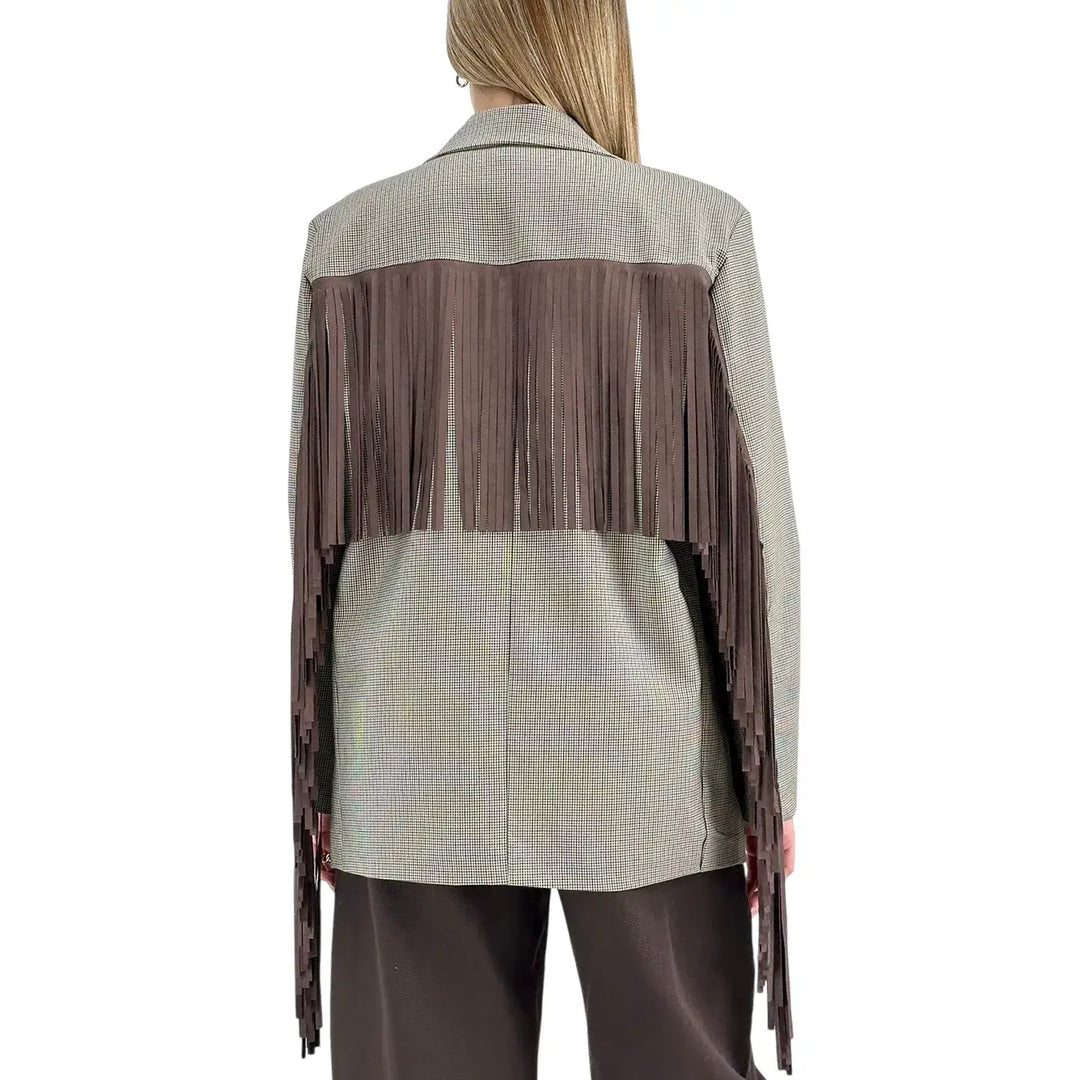 Bassini Giacca Donna Beige Pied de Poule Oversize Monopetto con Frange Marroni