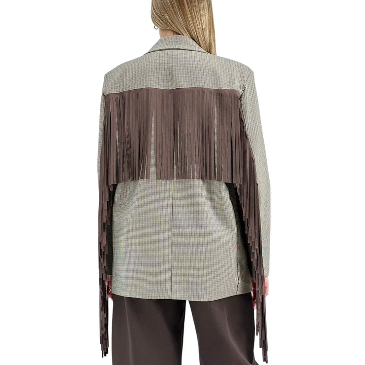 Bassini Giacca Donna Beige Pied de Poule Oversize Monopetto con Frange Marroni