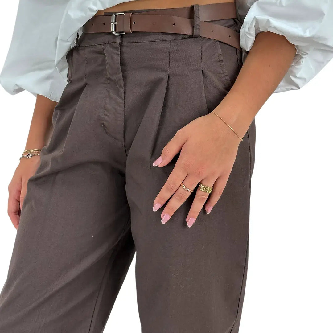 Bassini Pantaloni Donna Cioccolato Oversize con Doppia Pence, Elastico in Vita e Cintura