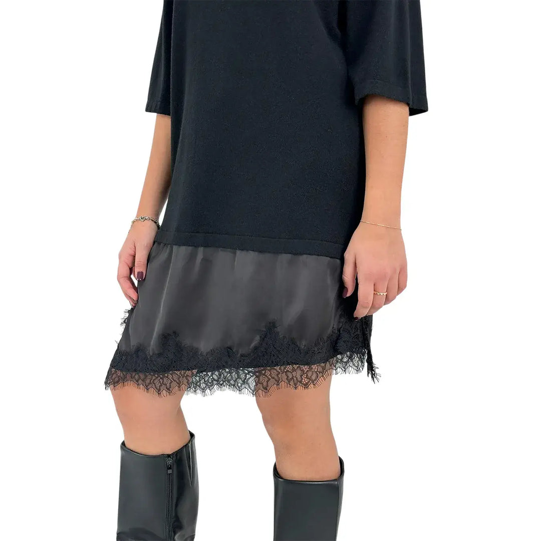 Bassini Abito Donna Nero in Maglia con Balza in Raso e Pizzo e Spacchi Laterali