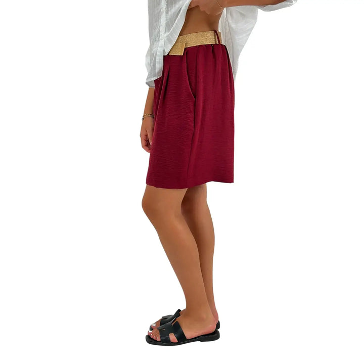 Bassini Bermuda Donna Borgogna in Lino e Cotone con Cintura in Rafia