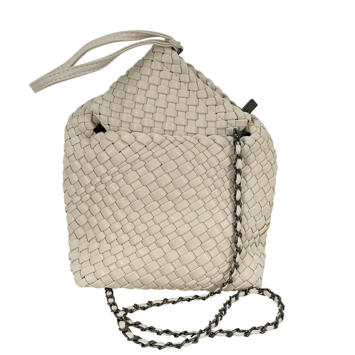 Bassini Borsa Donna Mini Sacca in Ecopelle Intrecciata Beige con Tracolla Catena Rimovibile