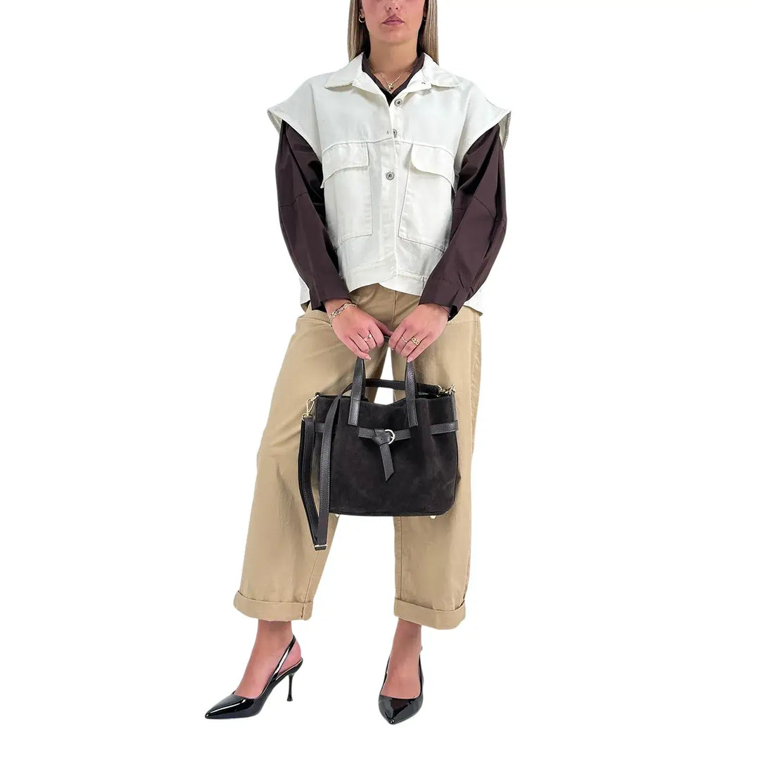 Bassini Gilet Donna Avorio Oversize in Cotone con Tasche Anteriori con Patta e Bottoni Metallici