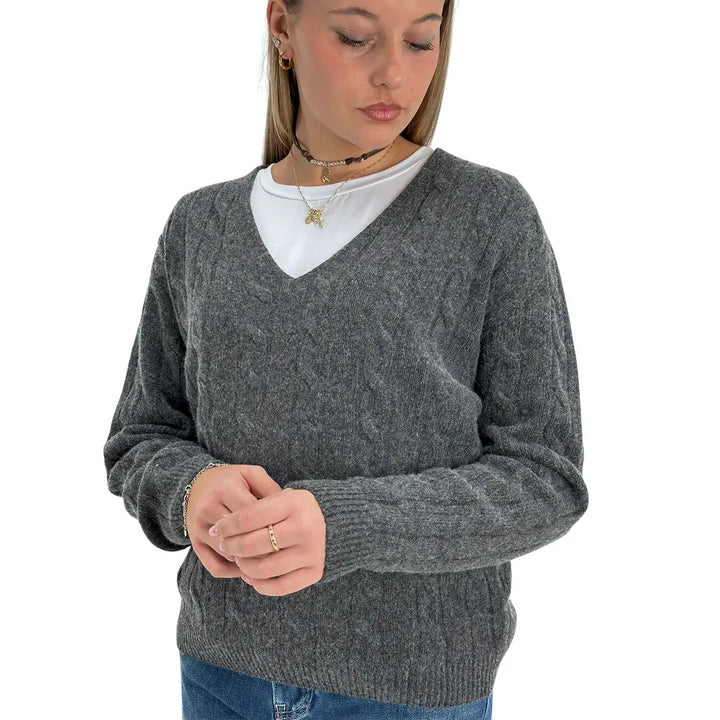 Bassini Maglia Donna Grigio Melange a Treccia con Scollo a V e Maniche Raglan Oversize