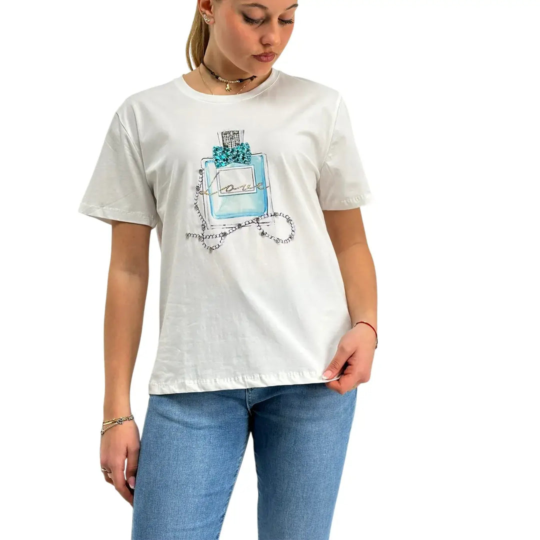 Bassini, T-Shirt, Donna, Cotone, Stampa, Bianco e Azzurro