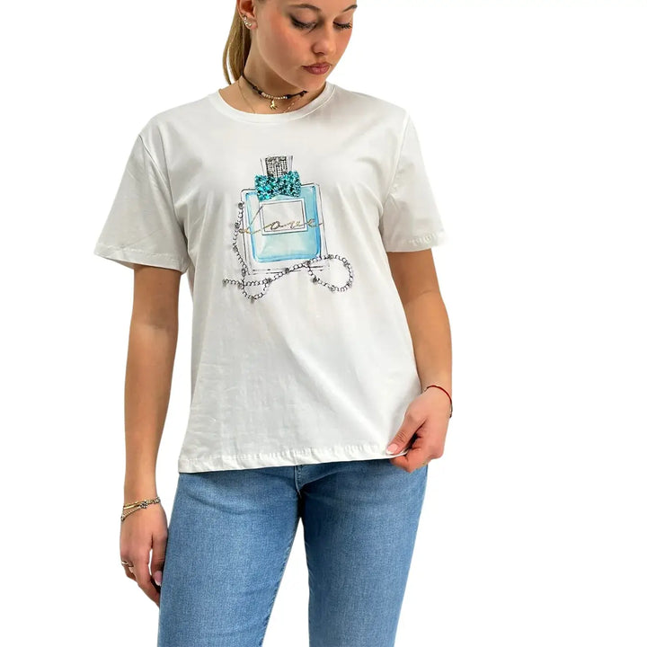 Bassini, T-Shirt, Donna, Cotone, Stampa, Bianco e Azzurro