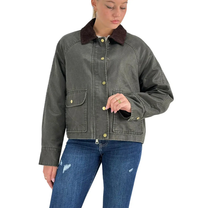 Bassini Giacca Donna Verde Effetto Cerato Crop con Collo in Velluto Moro