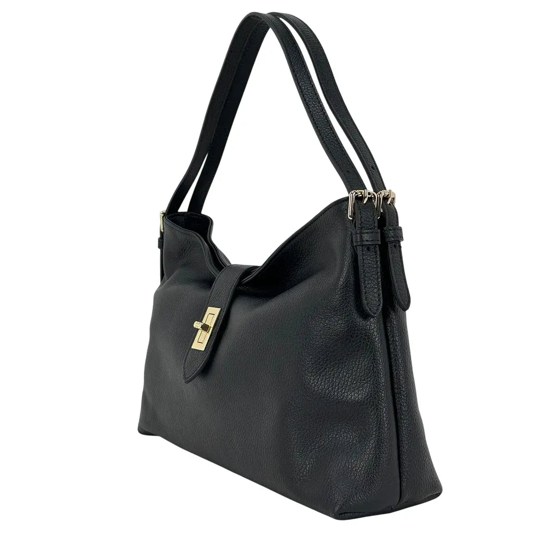 Bassini Borsa Donna in Pelle Nero con Doppio Manico a Spalla e Tracolla Intercambiabile