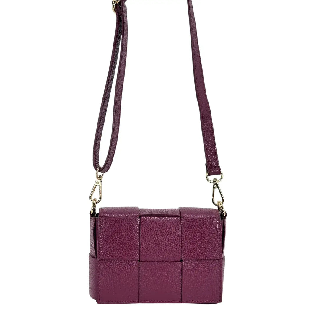 Bassini Borsa Donna Piccola in Pelle Burgundi Intrecciata con Tracolla Rimovibile e Patta Magnetica