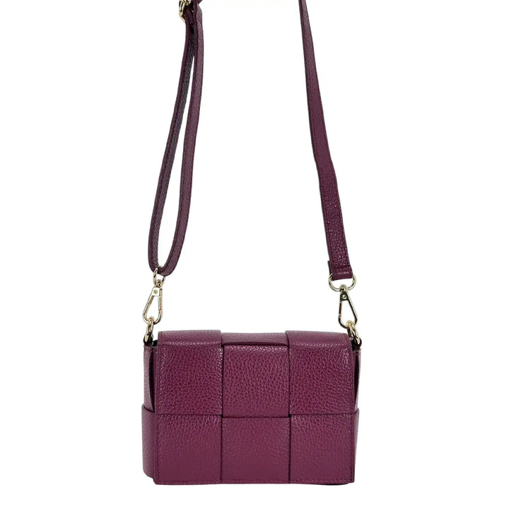 Bassini Borsa Donna Piccola in Pelle Burgundi Intrecciata con Tracolla Rimovibile e Patta Magnetica