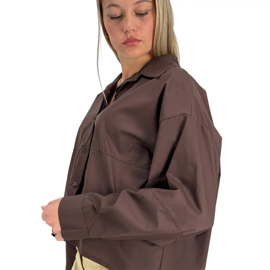 Bassini Camicia Donna Cioccolato Over in Cotone a Maniche Lunghe con Taglio Orizzontale