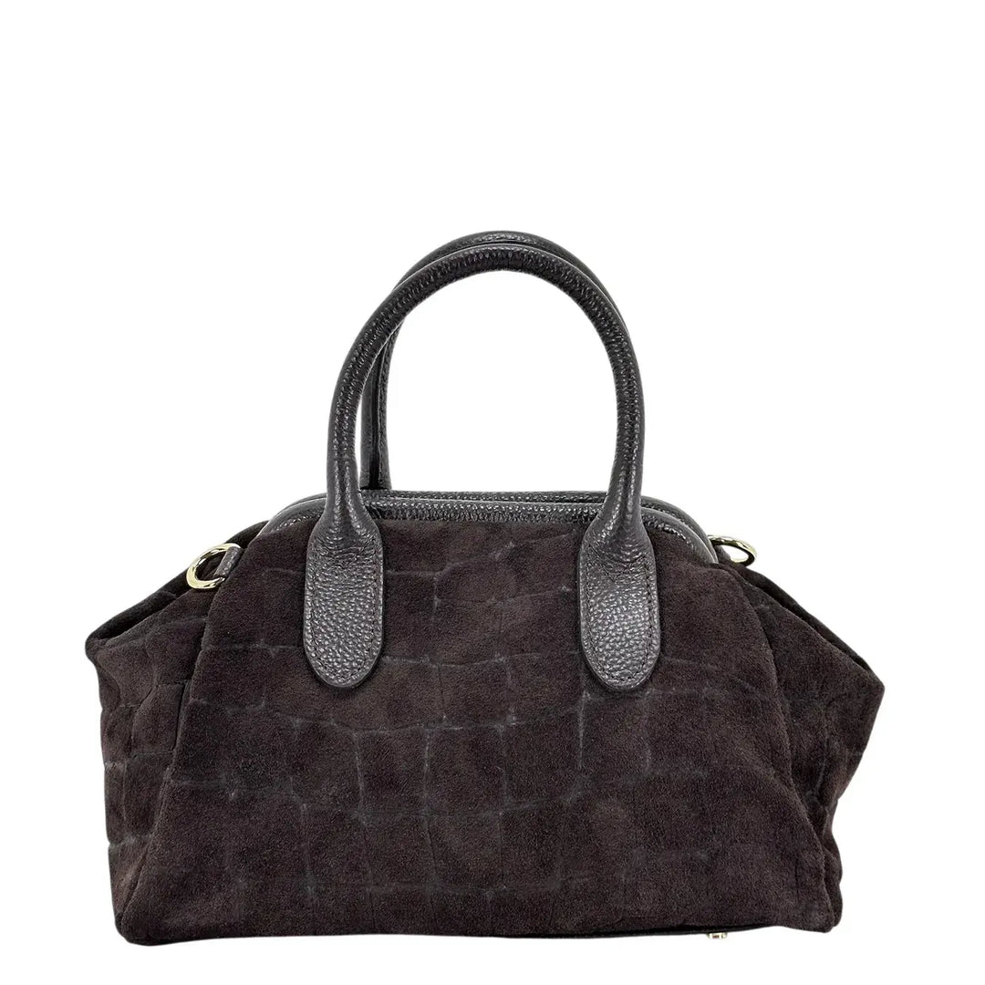 Bassini Borsa Donna Bauletto in Pelle Scamosciata Stampa Cocco Cioccolato con Tracolla Rimovibile