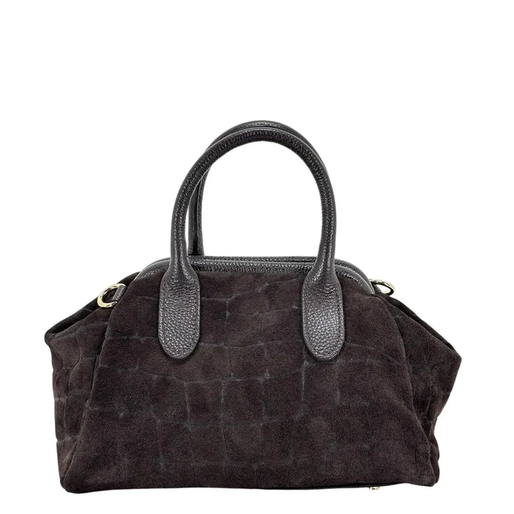 Bassini Borsa Donna Bauletto in Pelle Scamosciata Stampa Cocco Cioccolato con Tracolla Rimovibile