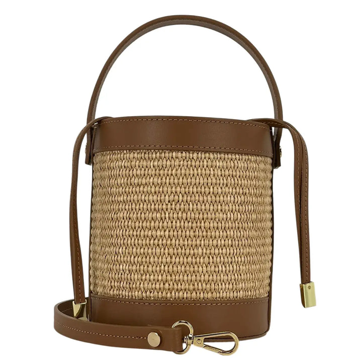 Bassini Borsa Donna Secchiello Piccola in Raffia e Pelle Cuoio con Maniglia e Tracolla