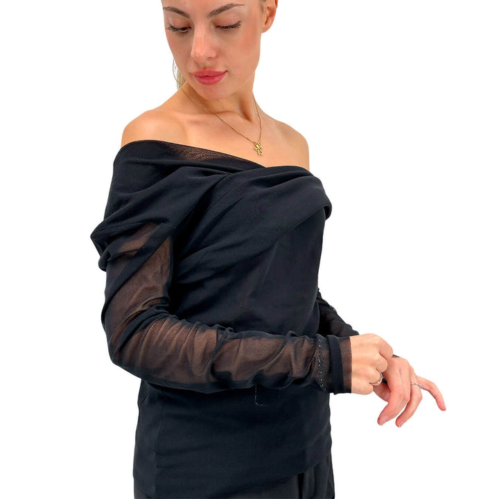 Meimeij Maglia Donna, Spalle Scoperte, Manica Trasparente, Nero