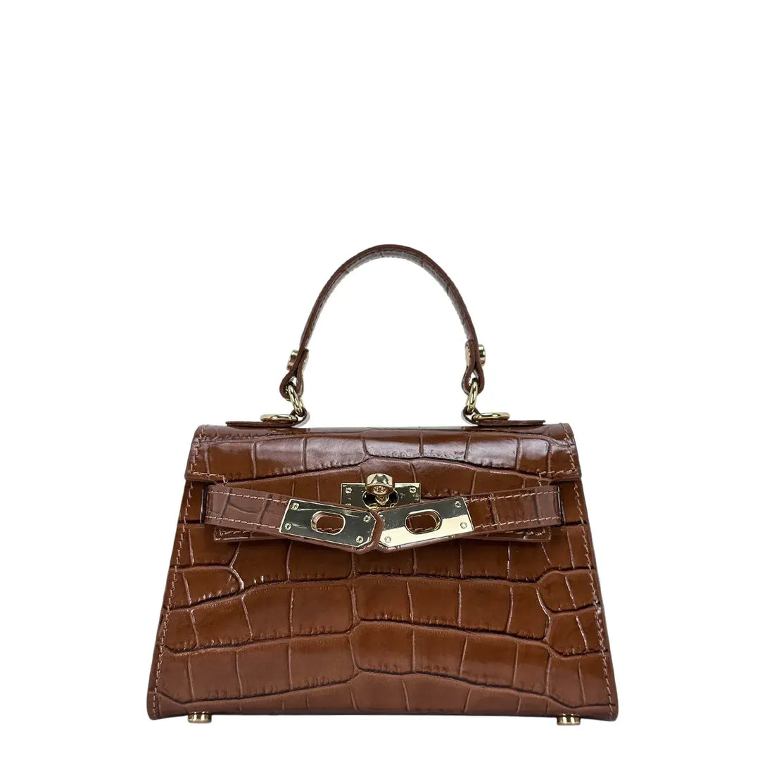 Bassini Borsa Donna Piccola in Pelle Cognac Stampa Cocco con Maniglia Centrale e Tracolla Rimovibile