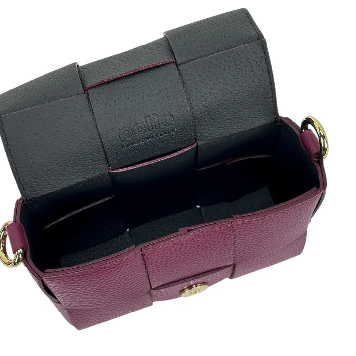 Bassini Borsa Donna Piccola in Pelle Burgundi Intrecciata con Tracolla Rimovibile e Patta Magnetica