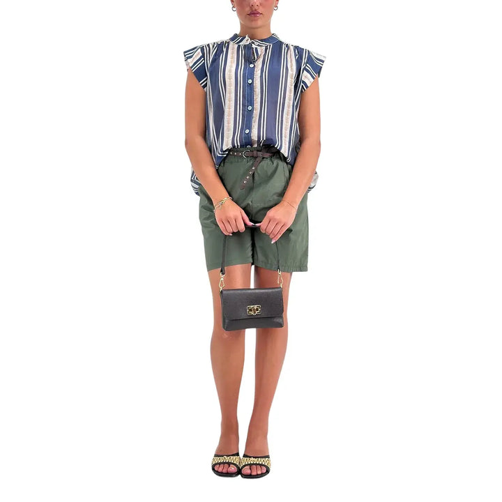 Bassini Blusa Donna Blu Beige Rigata Smanicata con Nodo Frontale e Scollo Coreano
