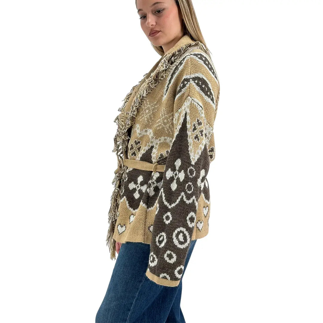 Bassini Maglia Donna Beige e Moro Aperta con Cintura in Maglia, Bordi Sfrangiati e Ricamo Cuori