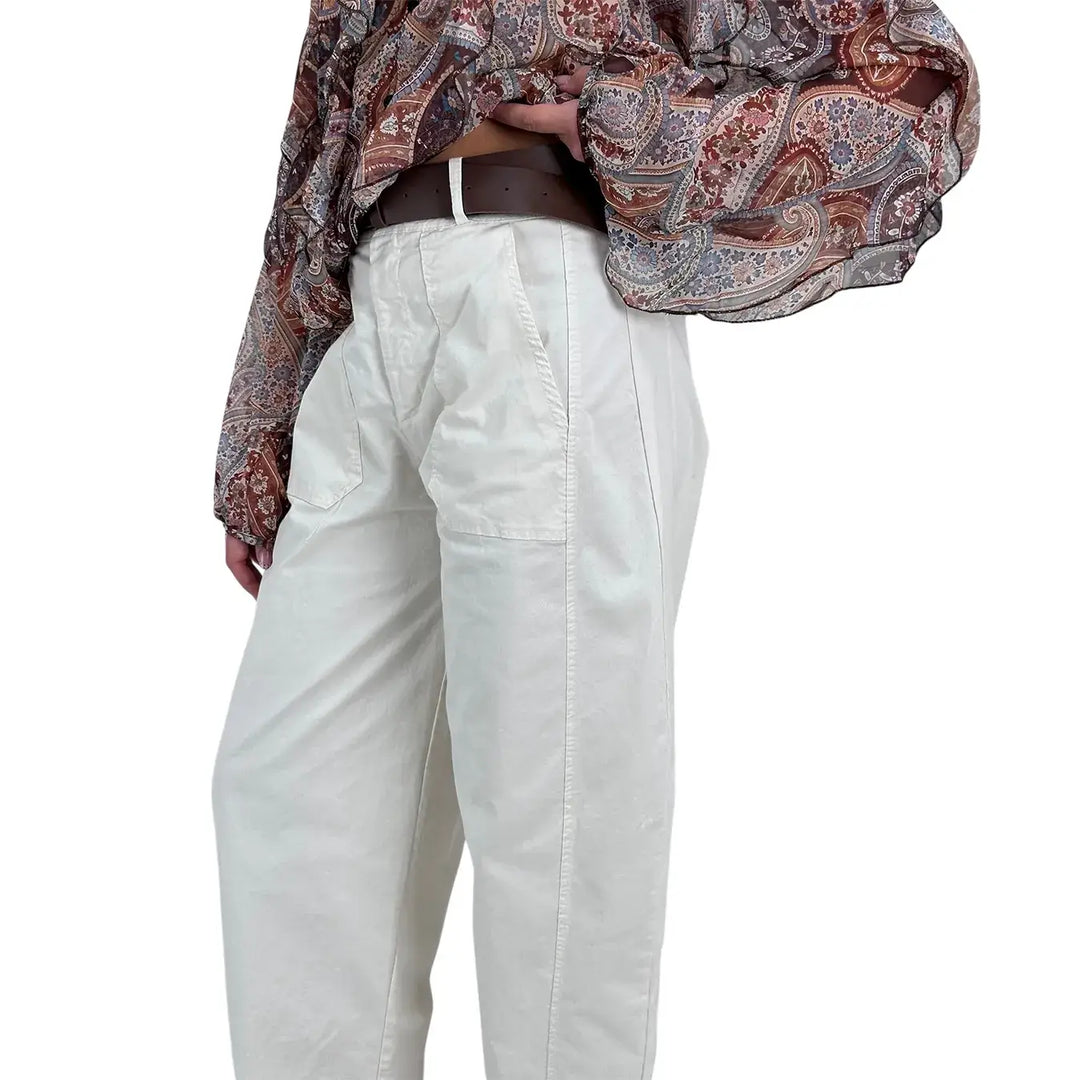 Bassini Pantaloni Donna Avorio Oversize Modello Banana con Tasche a Toppa e Cintura in Ecopelle