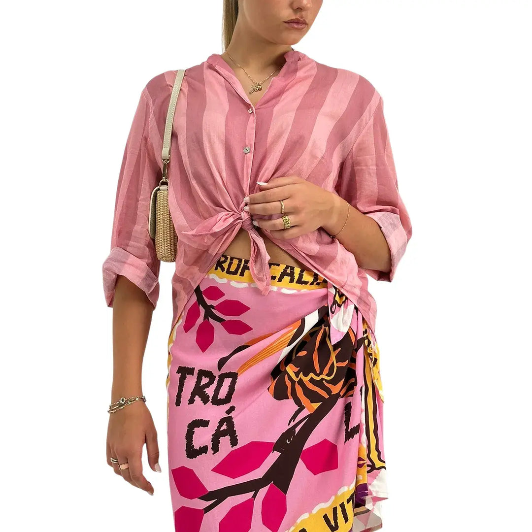 Motel Camicia Donna Rosa a Righe con Nodo Frontale, Collo Coreano e Maniche Tre Quarti