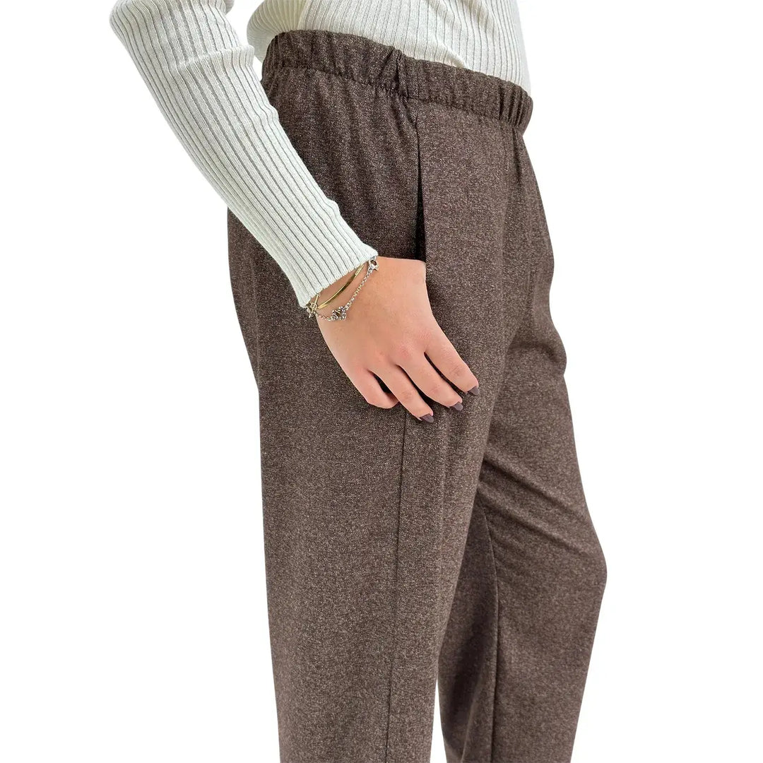 Bassini Pantaloni Donna Marrone Melange Dritti con Elastico in Vita e Tasche Laterali