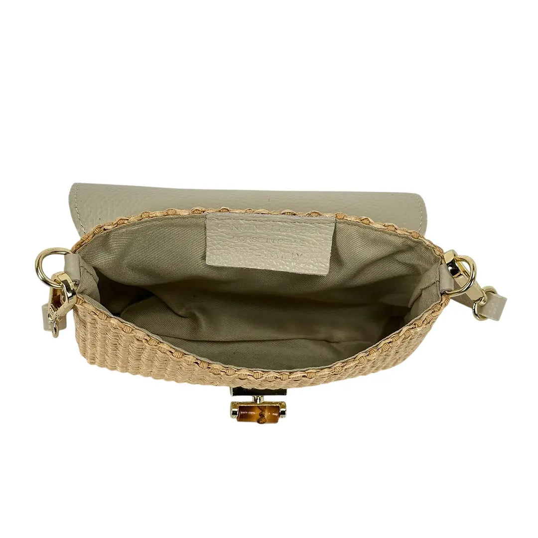 Bassini Borsa Donna in Raffia e Pelle Avorio Piccola con Tracolla Rimovibile e Girello Bambù