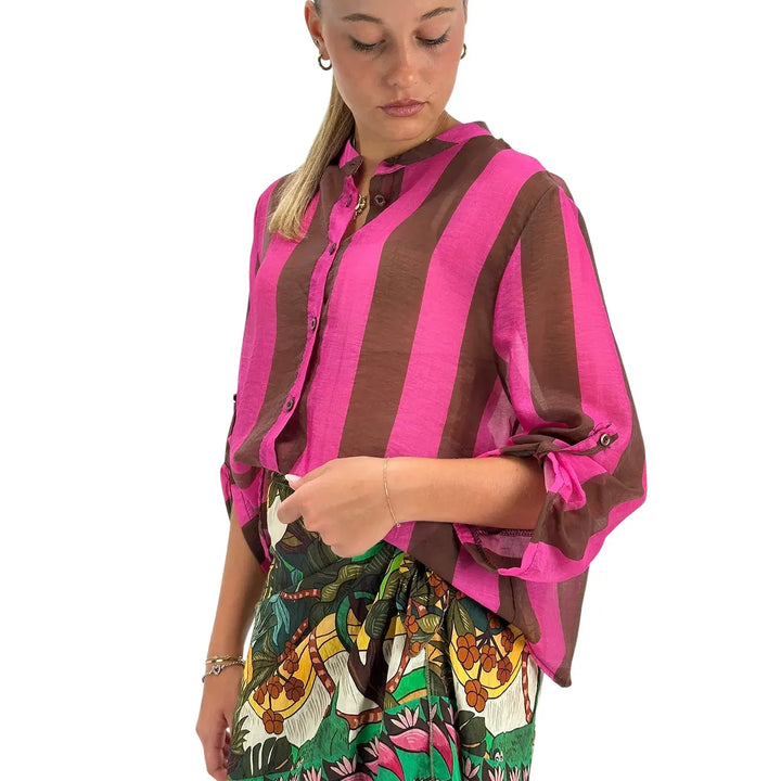 Bassini Women's Brown and Fuchsia Wide Striped Shirt with Mandarin Collar and Three-Quarter Sleeves