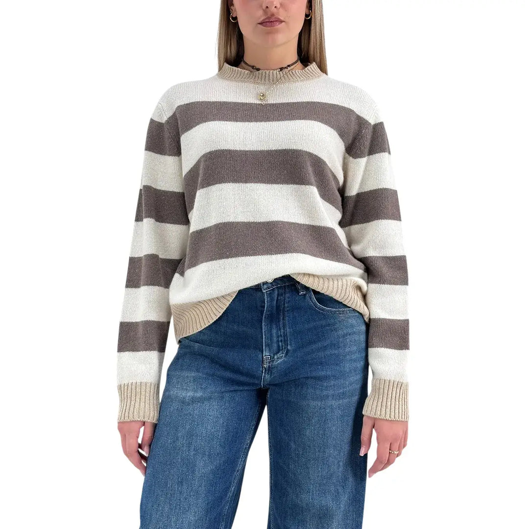 Bassini Maglia Donna Marrone e Avorio a Righe Girocollo con Coste Cammello e Vestibilità Regolare