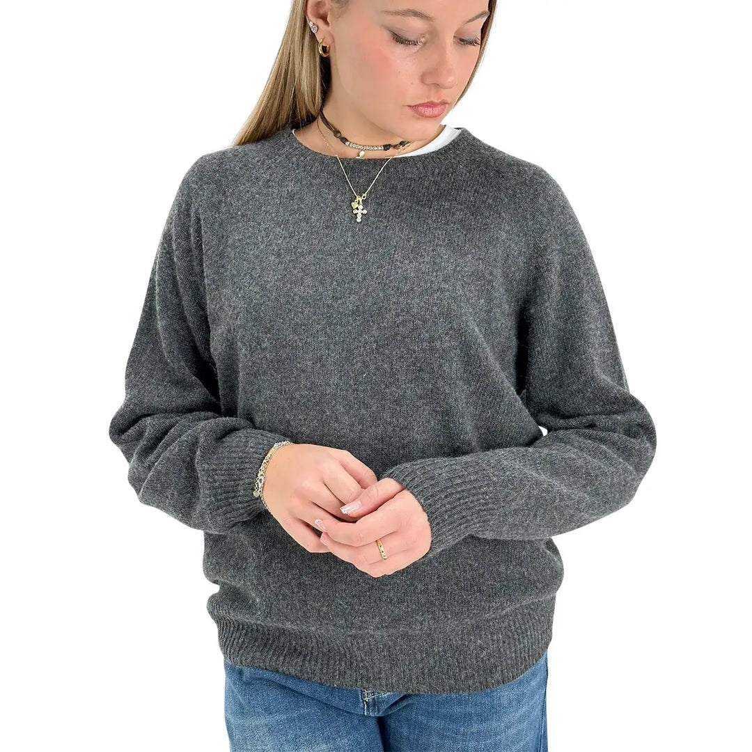 Bassini Maglia Donna Grigio Melange Girocollo Oversize con Maniche Raglan e Orlo a Costine