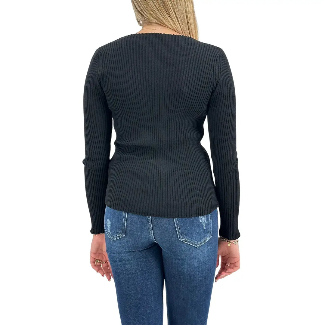 Bassini Maglia Donna Nera a Coste con Girocollo e Maniche Lunghe