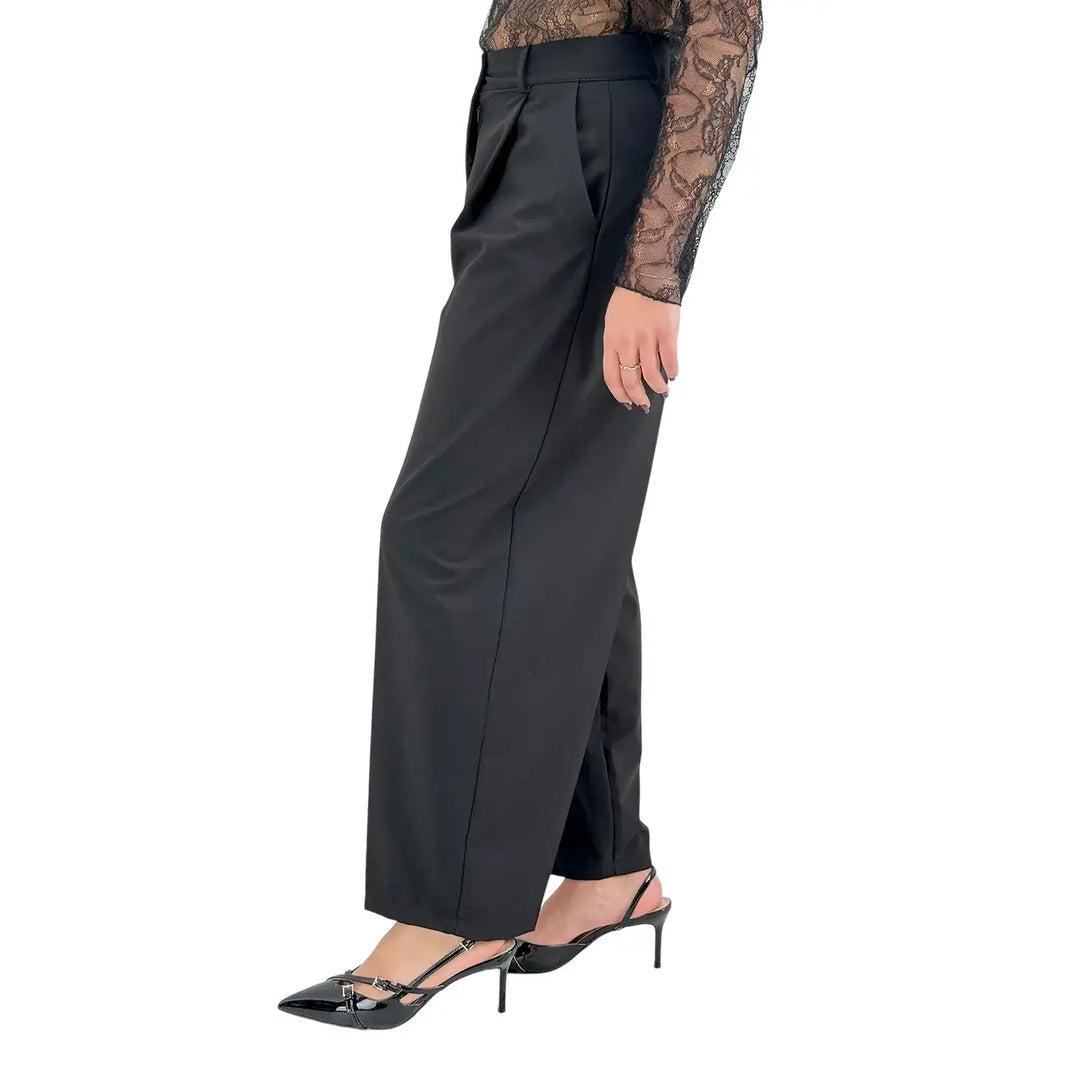 Bassini Pantaloni Donna Neri Sartoriali a Gamba Larga con Doppia Pince e Tasche a Filo