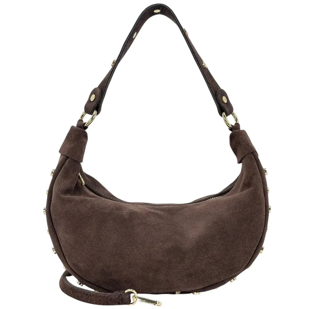 Bassini Borsa Donna Mezza Luna in Pelle Scamosciata con Borchie Oro e Tracolla Intercambiabile Cioccolato