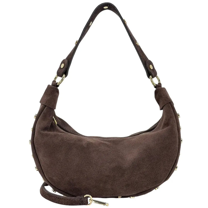 Bassini Borsa Donna Mezza Luna in Pelle Scamosciata con Borchie Oro e Tracolla Intercambiabile Cioccolato