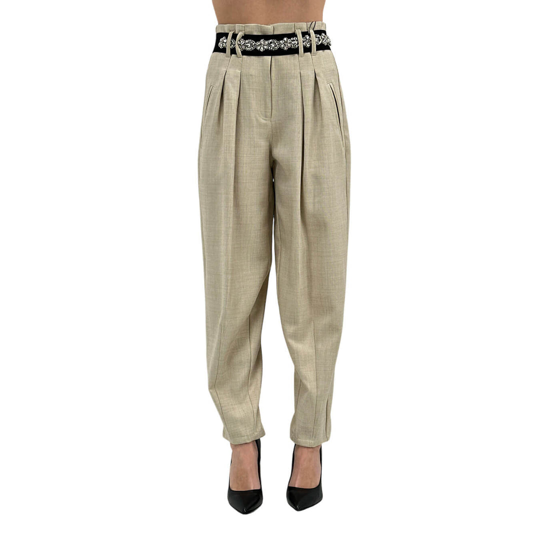 Koralline Pantaloni Cargo Donna, Cinturino con Pietre, Beige