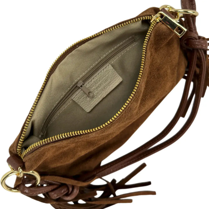 Bassini Borsa Donna in Pelle Scamosciata Cognac con Frange Laterali e Tracolla Intercambiabile